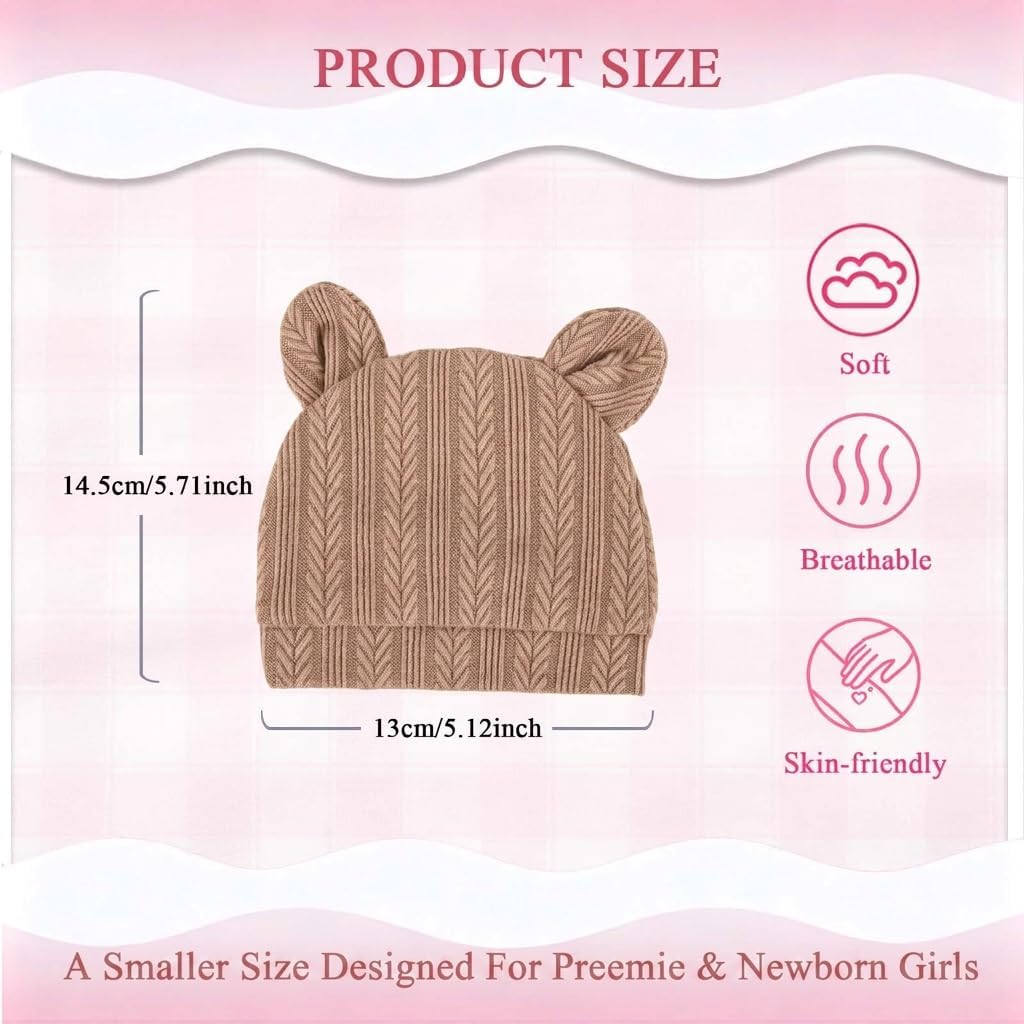 4 Pack Newborn Girl Hats and No Scratch Mittens Set 0-3 Months | 3D Bear Ear Baby Beanies for Newborn Girls Soft Cotton Infant Hat Mitten Pack (White Pink Khaki Brown)