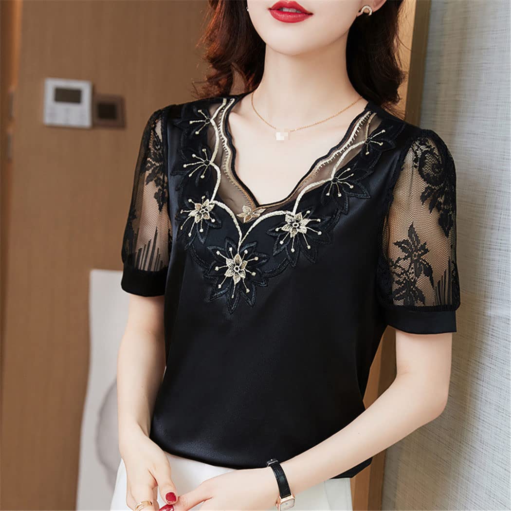 FULBHPRINT Blusa de encaje de satén con cuello en V para mujer, de manga corta, de malla de flores