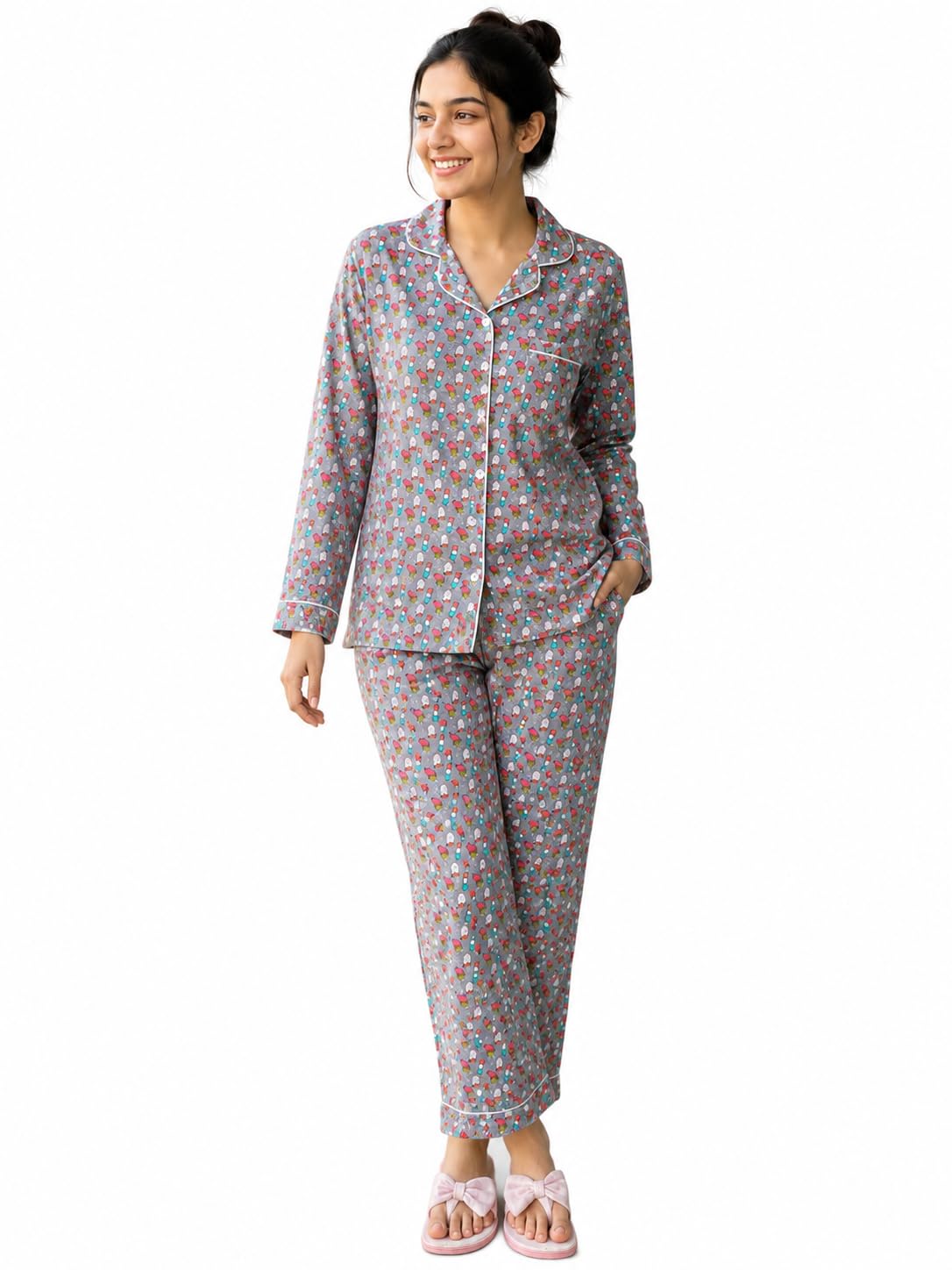 kiawah Pure Cotton Printed Night Suit, Full Sleeves Shirt and Pajama-picture-13