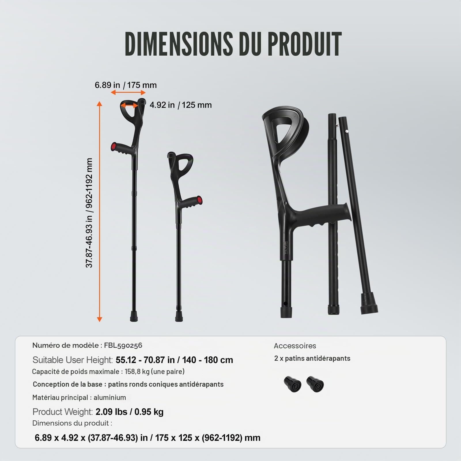 VEVOR Béquilles d'Avant-bras 2PCS, Béquilles de Marche Pliables Réglable en Hauteur 10 Niveaux, Manche Supérieure Ouverte, Béquilles Médicales Légères, pour Adultes, Chirurgie, Blessure aux Jambes