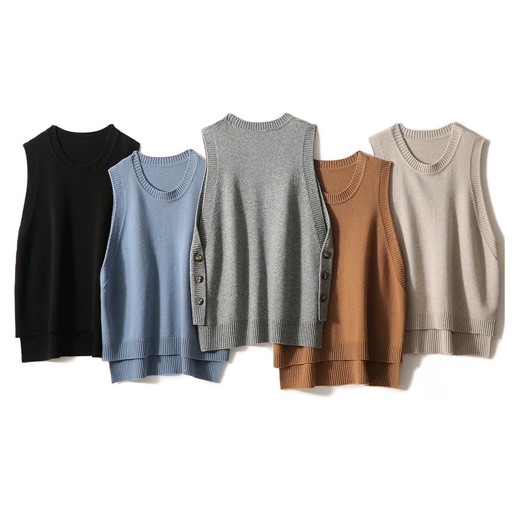 Femme col Rond Pull Gilet Tendance Classique Haut Bas Ourlet côtelé Pull sans Manches
