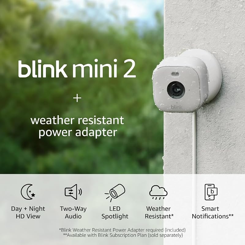 Câmera para gatos e segurança Blink Mini 2 com adaptador resistente às condições climáticas, 1 câmera, Branco