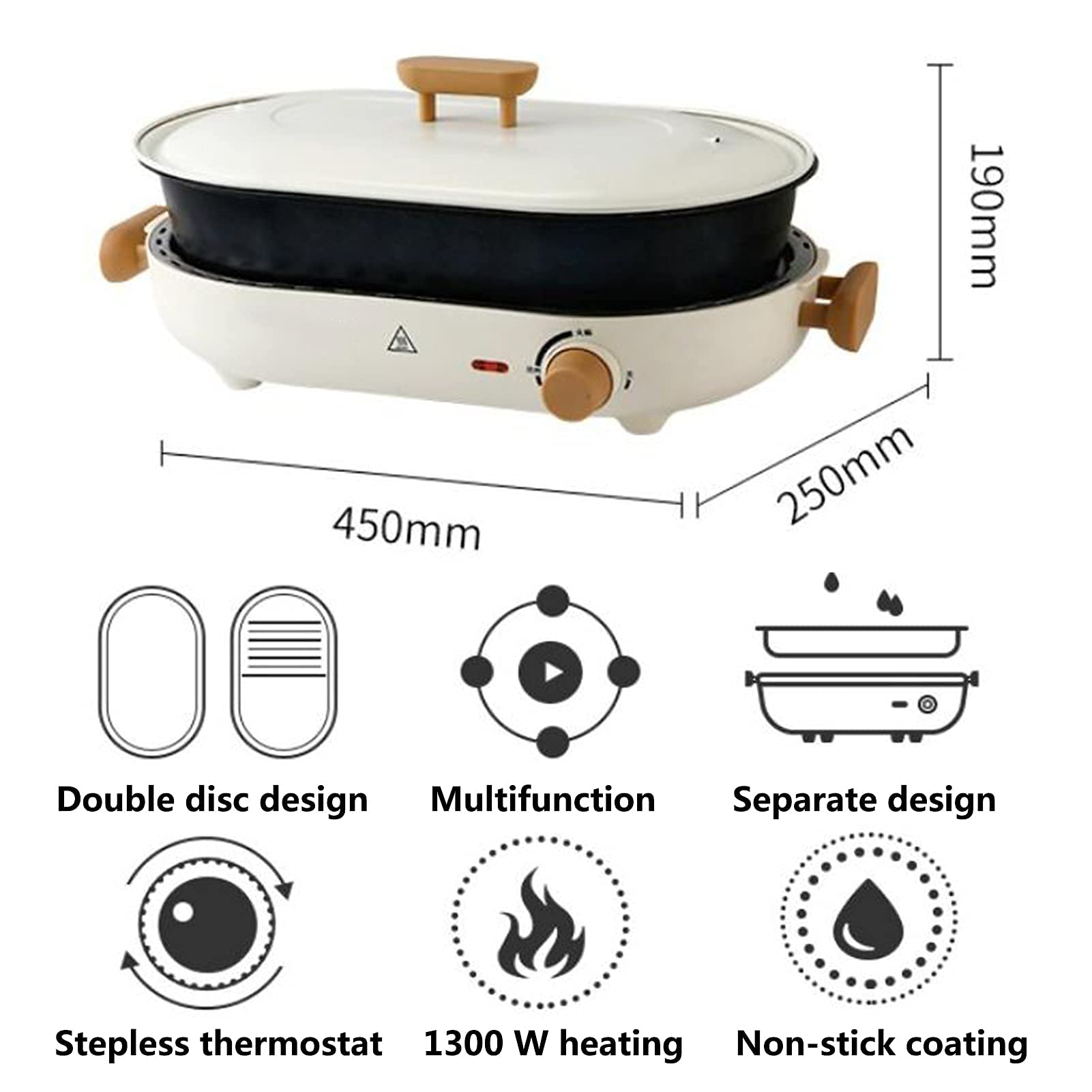 Bandeja de Barbacoa eléctrica eléctrica para el hogar Split multifunción 1300 W Cocción 4 L Gran Capacidad (Pan para Hornear + Tapa)