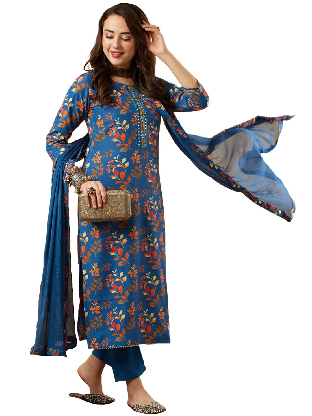 GoSriKi Womens Cotton Blend Printed Straight Kurta and Pant with Dupatta Set (KALEPING-KEROSIN-NW-GS_XXL_Dark Blue_XX-Large) (B0CHMVPD39) Amazon Price History, Amazon Price Tracker
