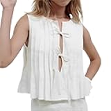 Tie Front Hollow Out Tank Tops for Women Y2K Pleated Ruffle Hem Linen Top Coquette Summer Going Out Vest Top