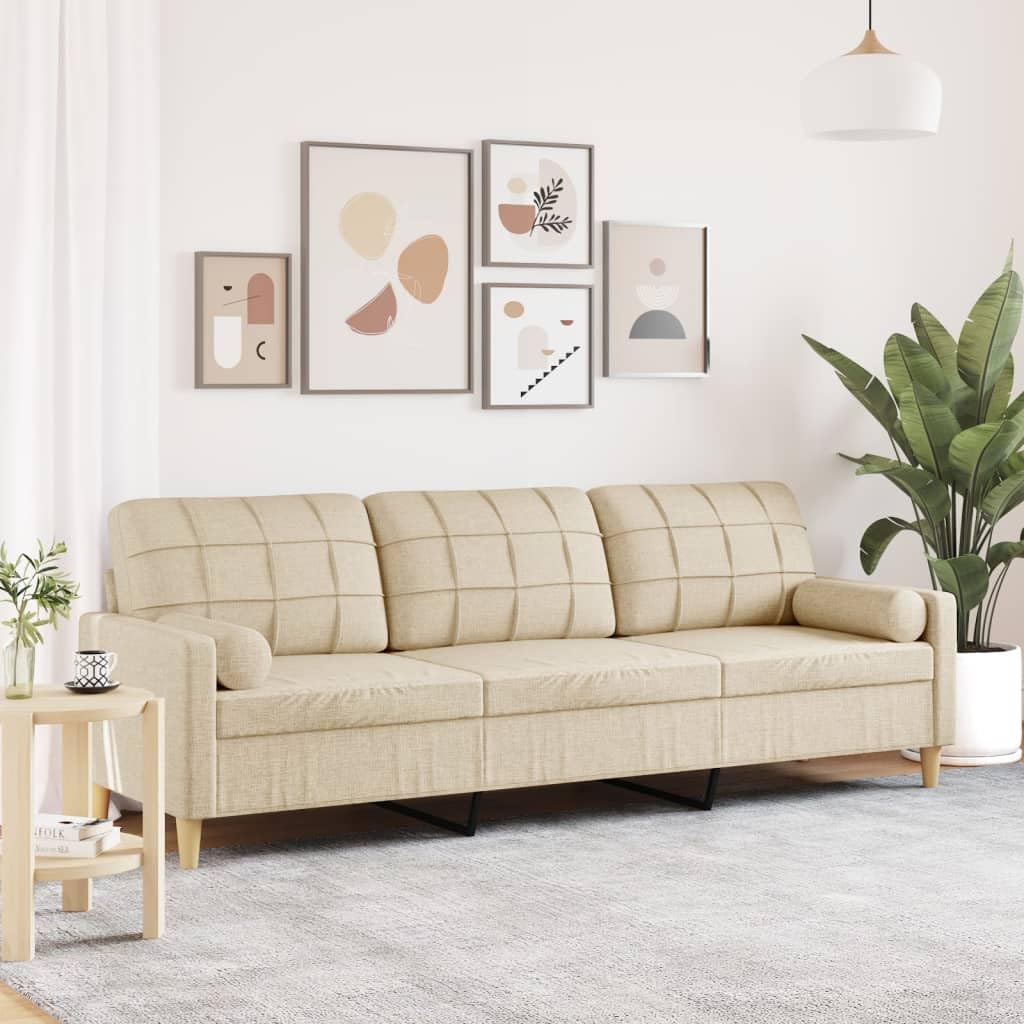 Sofa 3-osobowa z dekoracyjną poduszką, kremowa, 210 cm, materiał tapicerowany, do salonu, kanapa z podłokietnikami i oparciem, do relaksu, czytania, oglądania telewizji, łóżko dla gości