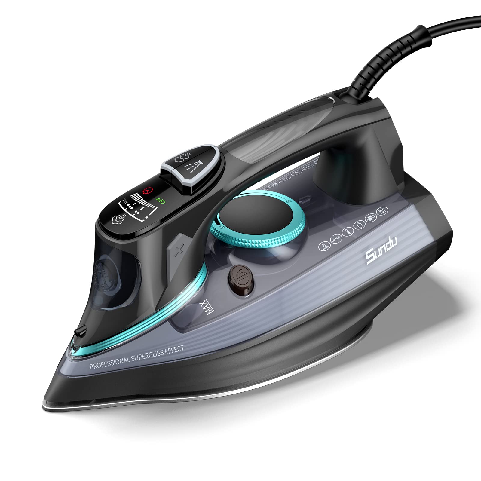 1700 Watts Steam Iron with Digital LED Display, Ceramic-Coated Soleplate, 3-Way Auto-Off, 4 Pre-Set Steam &Temp Settings for Different Fabrics, 300ml Water Tank Included for Clothes Ironing Use