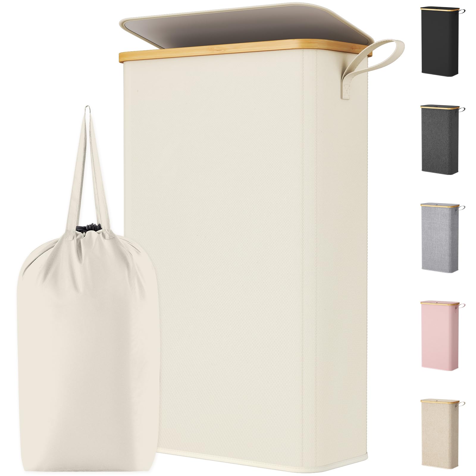 Lifewit Cesto Portabiancheria Salvaspazio, Cesta Biancheria Sporca con Coperchio, Porta Biancheria Sporca Slim per Bagno, Laundry Basket per Camera da Letto, Bagno, Lavanderia, 70 L, Bianco