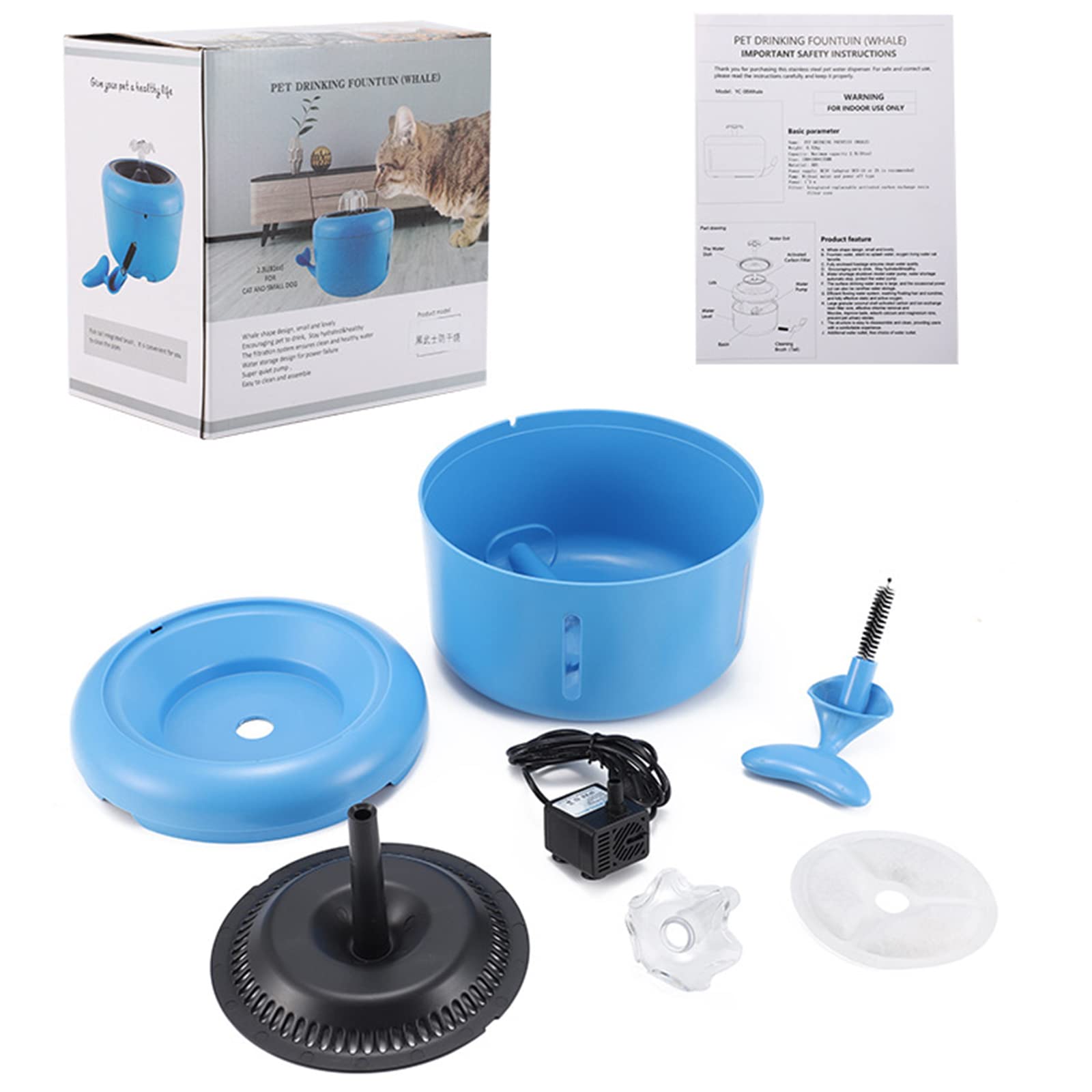 Fontana d'Acqua per Animali Domestici, 2L, Fontanella per Gatti Cani con Pompa Ultra-Silenziosa E 4 Filtri di Ricambio,Ciotole Cani, Distributore D Acqua per Gatti Dispenser Acqua Gatti,Blu