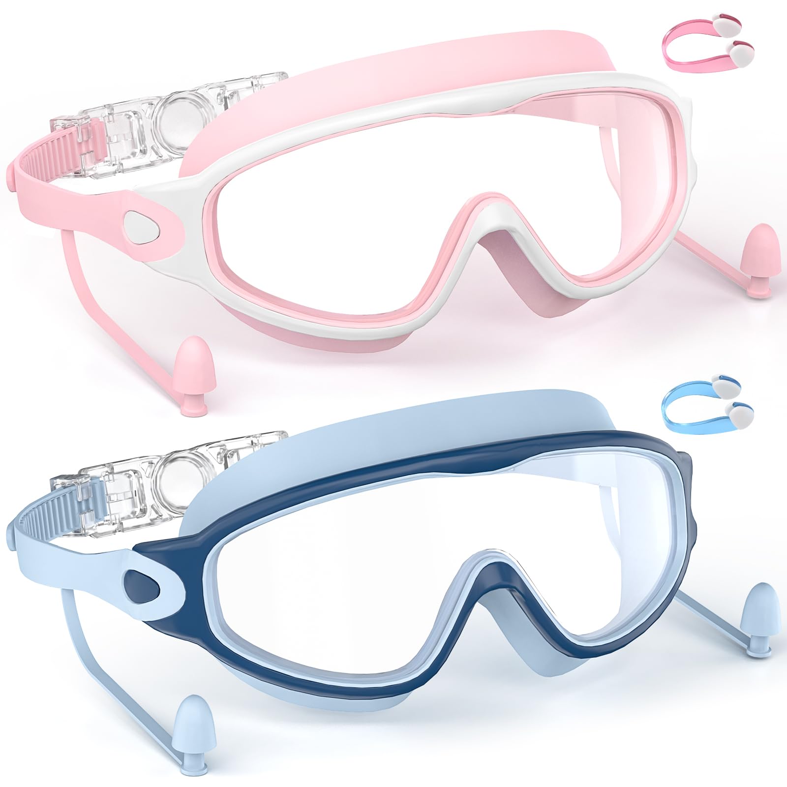 SHINER Lot de 2 Lunettes de Natation Enfants, Grand Champ de Vision HD 180°, Anti-Buée & Protection UV, Silicone Doux Réglable,avec Bouchons d’Oreilles & Pinces-Nez