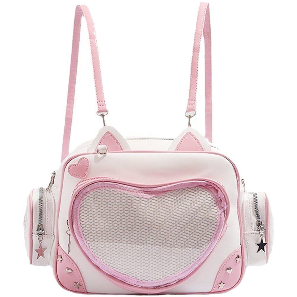 Casiler Girls Pink Y2k Ita Bag Cat Backpack Pin Display Backpack Adjustable Strap Crossbody Bag, Transparent Pocket Preppy Style Schoolbag