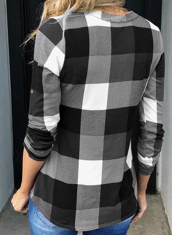Image of Dokotoo Womens Tops Plaid Cotton Cuffed 3 /4 Sleeve Shirts Blouses
