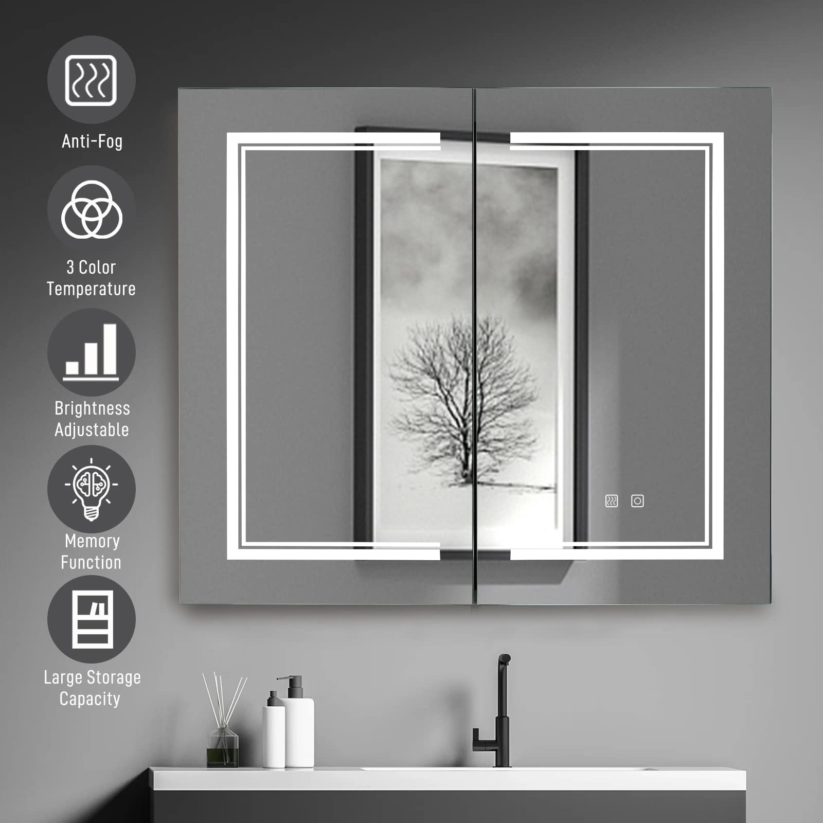 FCH Bathroom Medicine Cabinet with Dimmable LED Mirror, 32