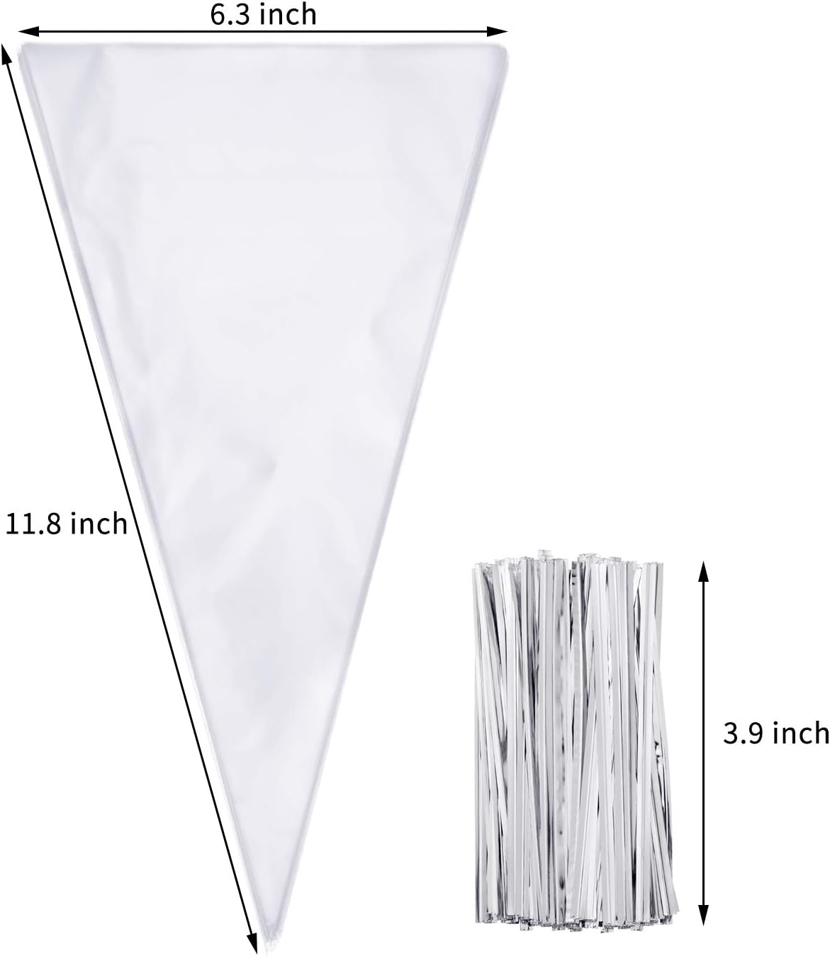 Outus 100 Pcs Cone Shaped Treat Bags 6.3 x 11.8 Inch Clear Cellophane Treat Bags Plastic Cone Triangle Carrot Shape Bag with Ties for Graduation Candy Popcorn Cookie Snack Party Favor Gift Decoration
