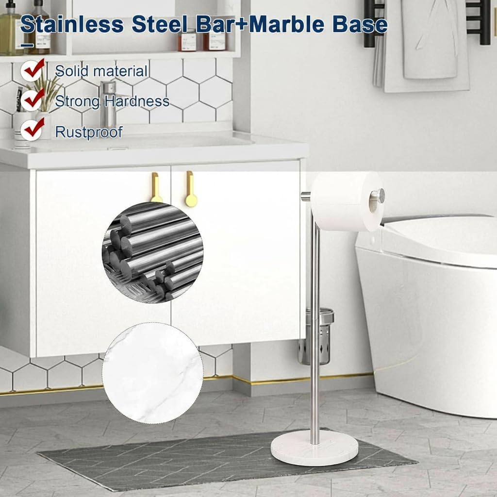 NearMoon Bath Toilet Paper Holder Stand- Modern Tissue Roll Holder Standing with Balanced Base, Rustproof Toilet Roll Holder for Bathroom/Kitchen Countertop (Brushed Nickel, Marble Base)
