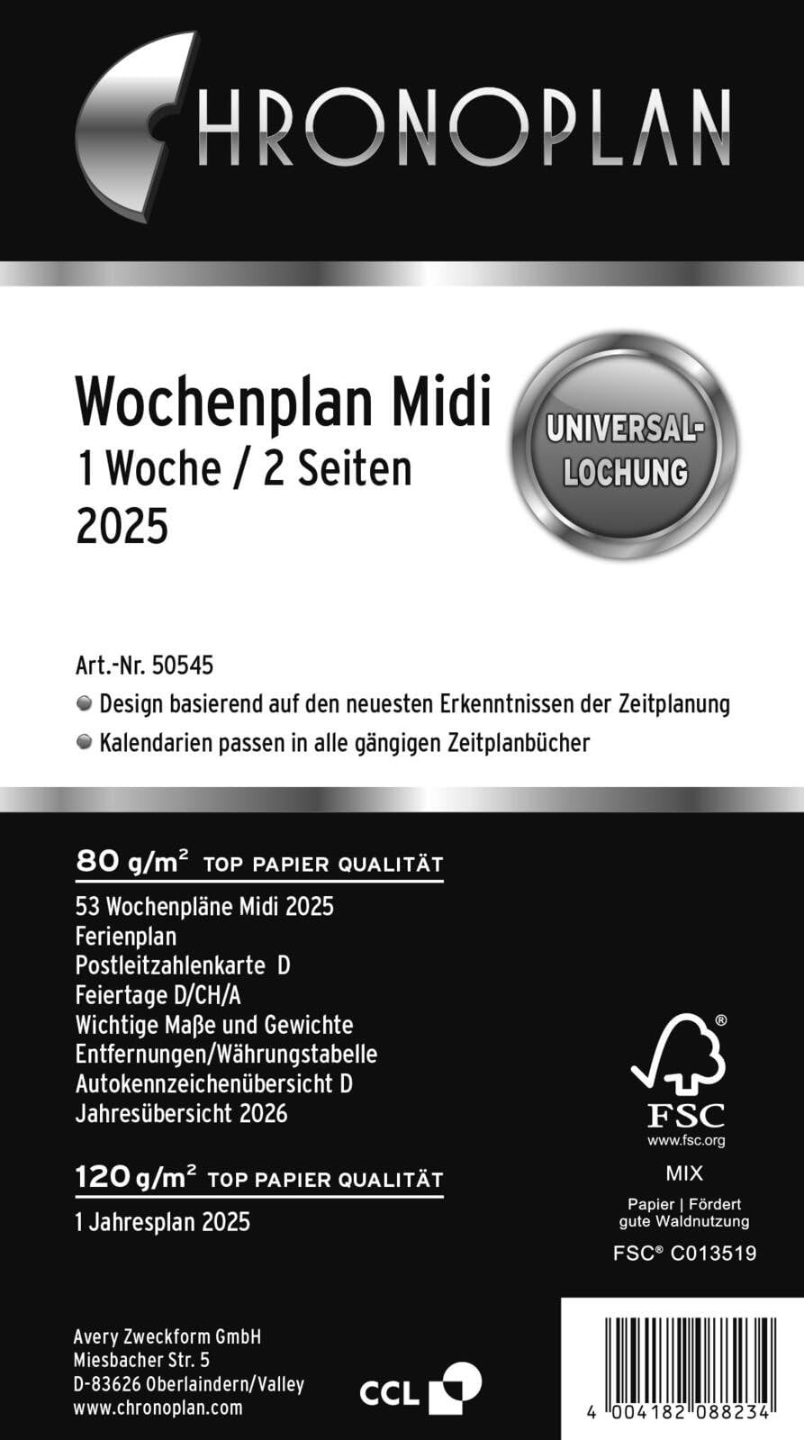 Chronoplan 50545 Calendar Insert 2025 (Weekly Plan Midi (96 x 172 mm) Replacement Calendar for Appointment Planner Ideal for Detailed Weekly Planning 1 Week on 2 Pages in Columns
