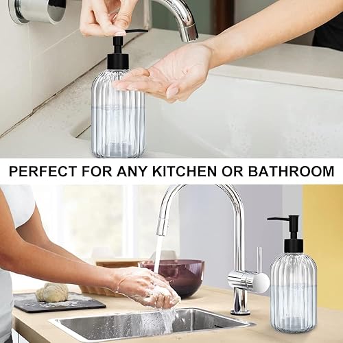 Miniatura 3 de Paquete de 2 dispensadores de jabón de vidrio con bomba negra, dispensador de bomba recargable de 13.5 fl oz para cocina, baño, lavandería, botella
