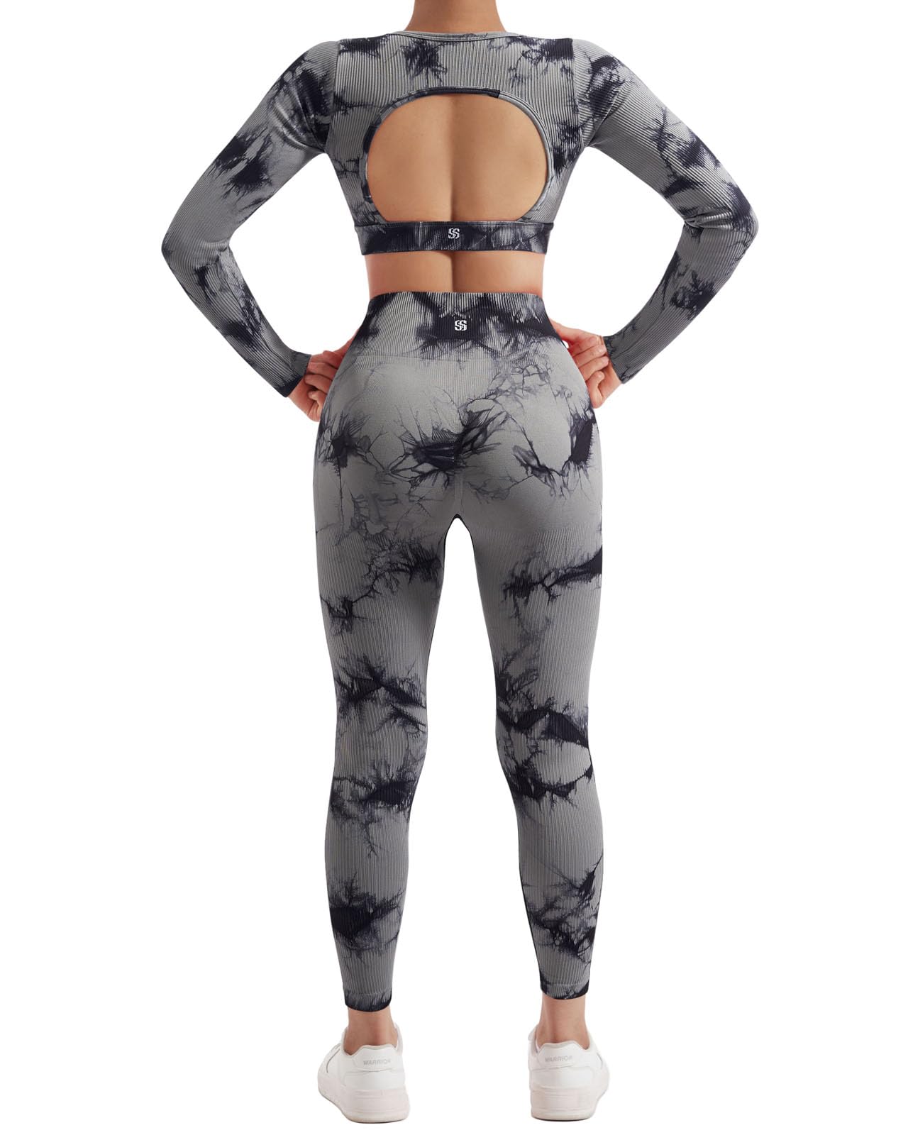 SUUKSESS Open Back Long Sleeve Scrunch Butt Booty Leggings Seamless Ribbed Workout Sets 2 Piece Outfits: Medium #2 Black Tie Dye