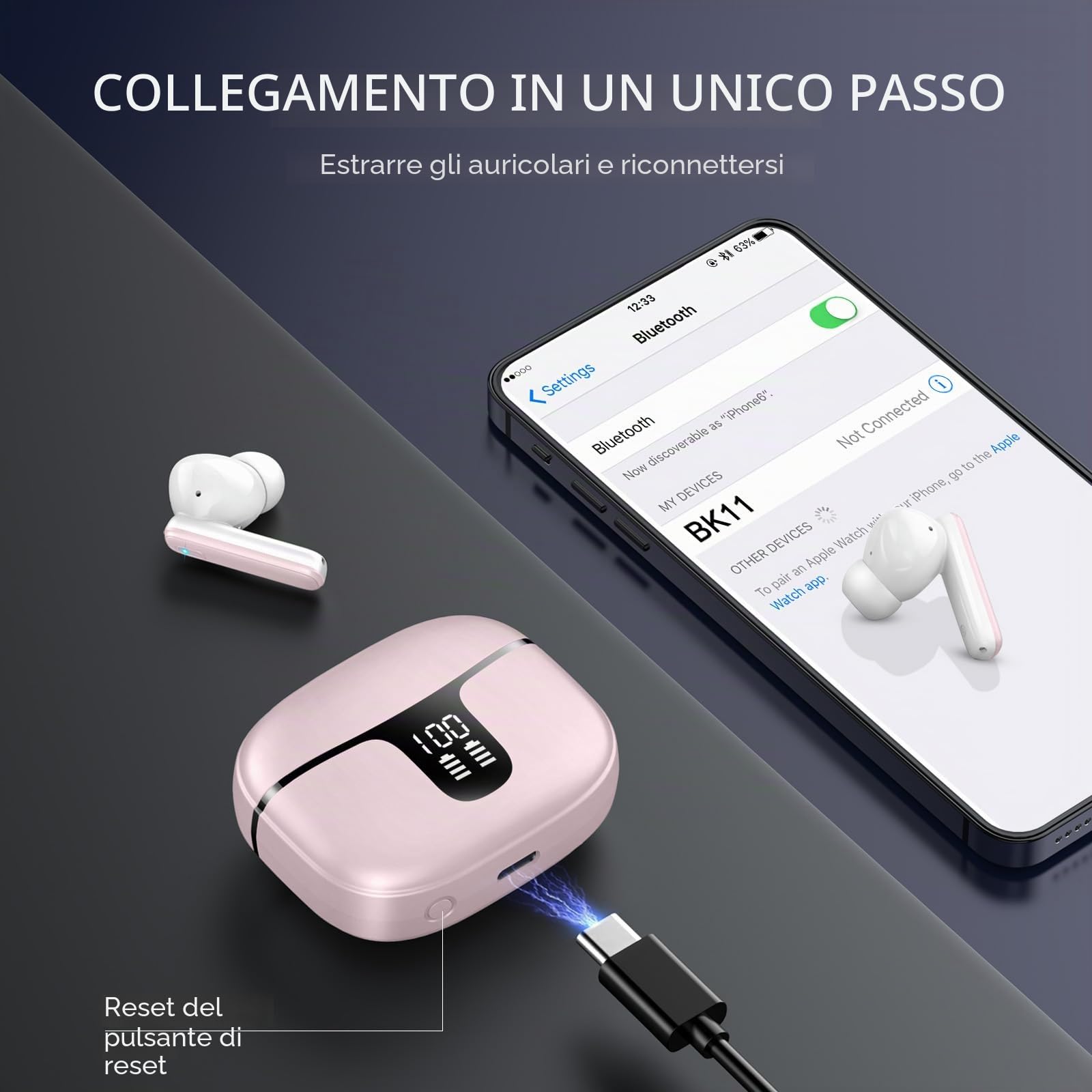 Cuffie Bluetooth Stereo HiFi Immersivo con HD Mic - Wireless in Ear 40H LED Display - IP7 Impermeabili Touch Control Auricolari Senza Fili USB-C Rosa