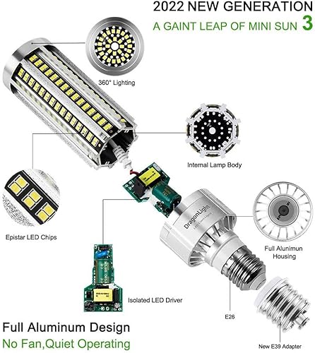 Miniatura 2 de DragonLight Bombilla LED de maíz de 25 W sin ventilador (equivalente a 250 vatios) E26E39 Lámpara LED con base de Mogul grande 6000K Luz diurna