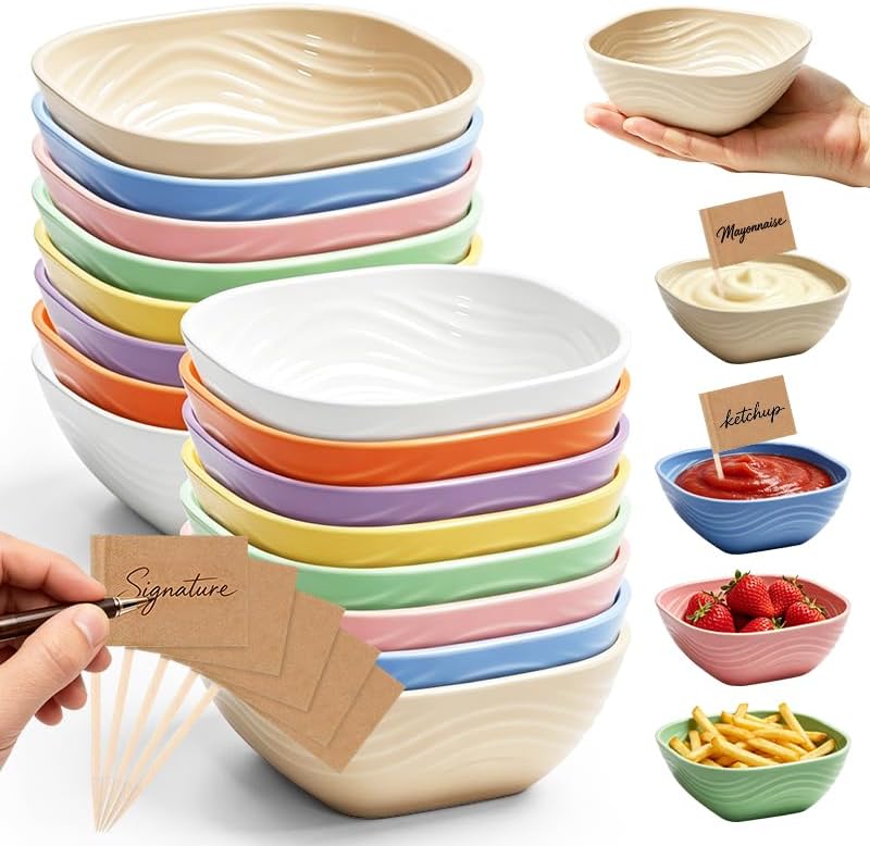 Plastic Dipping Bowls, 16 Pack with 50 Food Flags, 5 Oz Microwave Safe