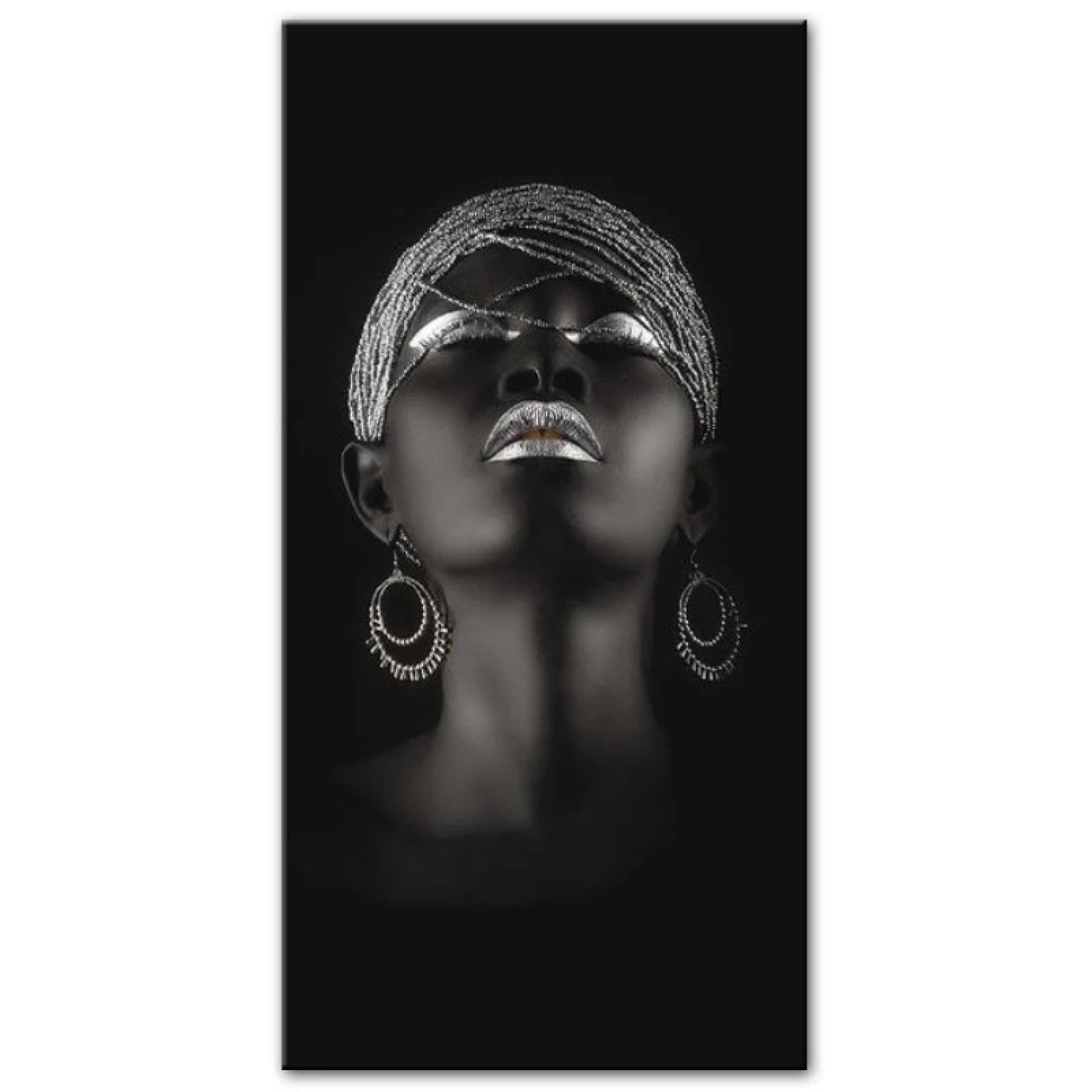 ZHAOLIN Donna nera con gioielli in argento Dipinti su tela Immagini da parete Immagini di arte africana Poster e stampe per la decorazione domestica moderna 60x120 cm (24x47 pollici) Senza cornice