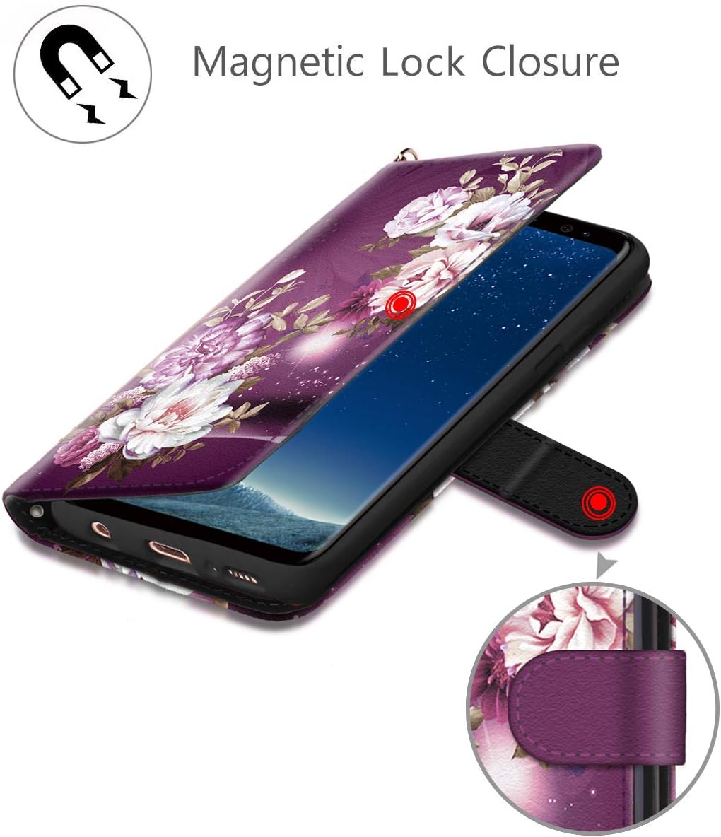 Hocase Galaxy S8 Plus Case, PU Leather Full Body Protective Wallet Case Cover with Credit Card Holders, Wrist Strap, Magnetic Closure for Samsung Galaxy S8 Plus (SM-G955) 2017 - Burgundy Flowers