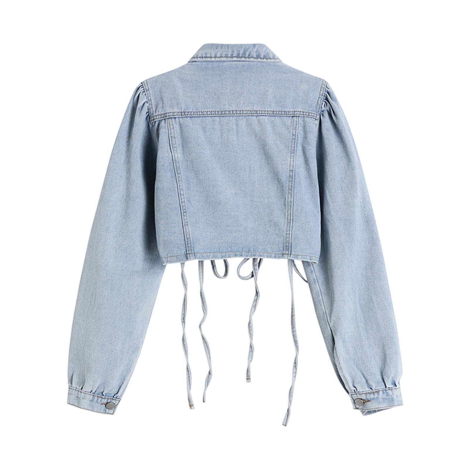UKKO Giacca di Jeans Autumn Pleated Button Jacket Giacca Donne Hip Hop Street Style Croundped Coulisstring Breasted Denim Cappotti Femminili-M,Blue
