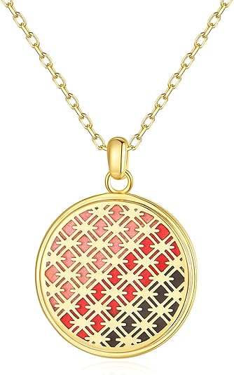 Margraf Di Round Coin Pendant Necklace for Women S925 Silver 18K Yellow Gold Plated 17.72+1.97inch Chain Enamel Process Gradient Ramp Lattice Pattern,Pink Red Jewelry Present