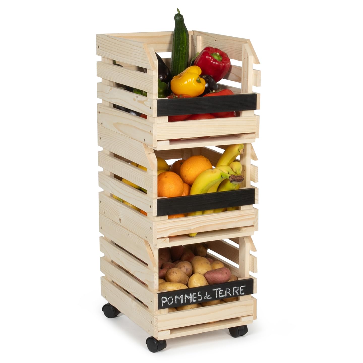 IDMarket - Carrello portavivande con 3 cestelli in legno per frutta e verdura