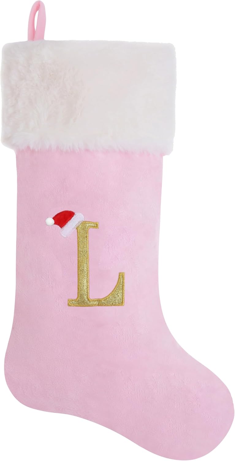 20-Inch Letter Embroidered Christmas Stocking Thick and Luxurious Pink Velvet with Super Soft Plush Cuff Personalized Festival Decoration for Xmas and New Year Party(Letter L)