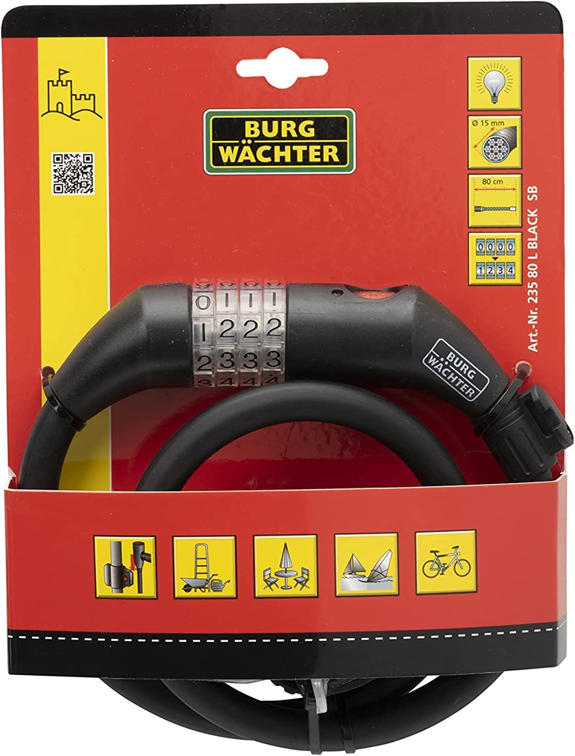BURG-WÄCHTER Fahrradschloss, Zahlenschloss mit Halterung, Stahlseilschloss ohne Schlüssel, 80 cm lang, Ø 15 mm, 235 80 L, Schwarz Sport &