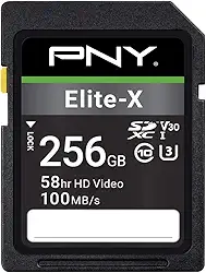 PNY Cartão de memória flash Elite-X Classe 10 U3 V30 SDXC de 256 GB - 100 MB/s, Classe 10, U3, V30, 4K UHD, Full HD, UHS-I, tamanho completo SD