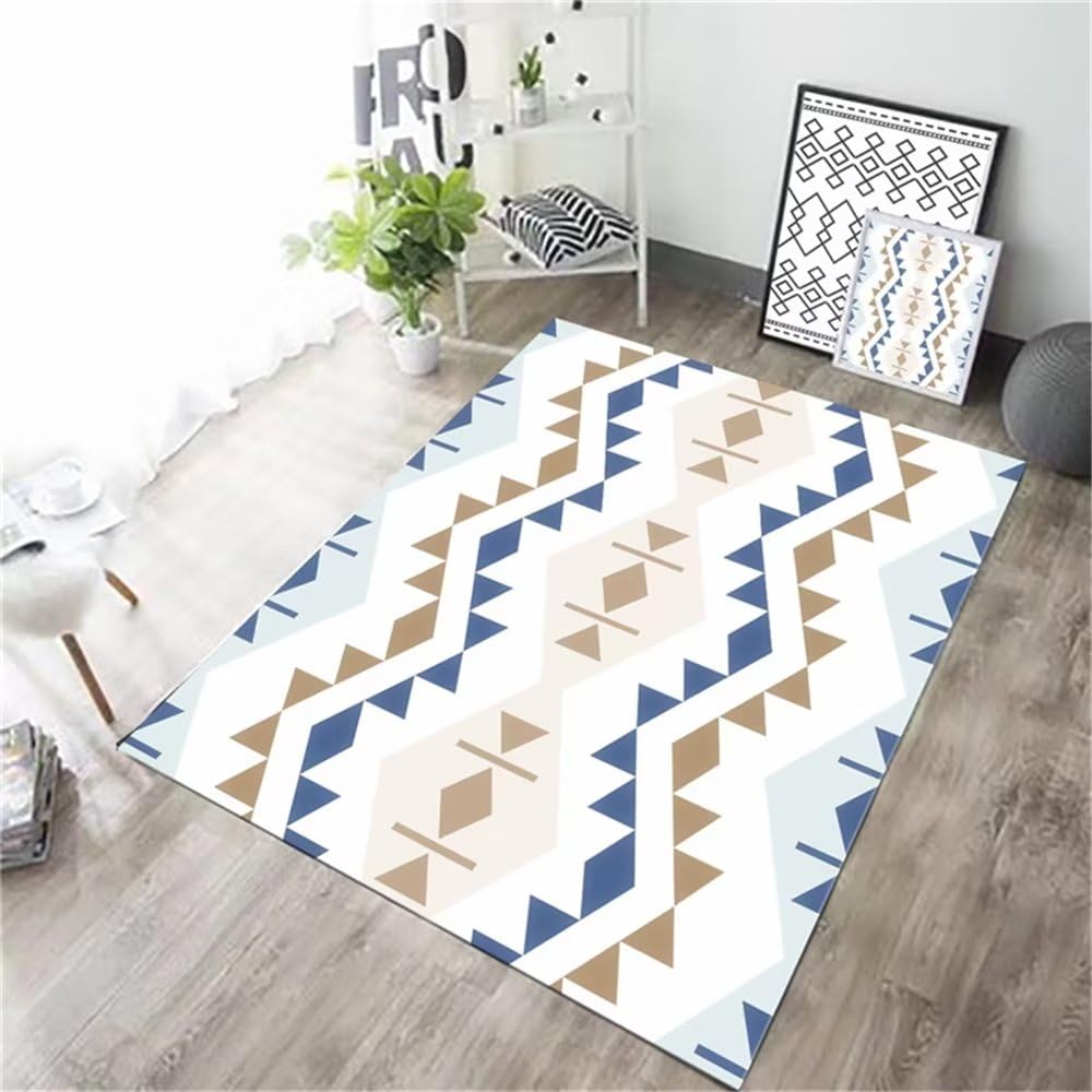 Tapis bleu pour chambre ado et salon | Motif géométrique 80x160cm