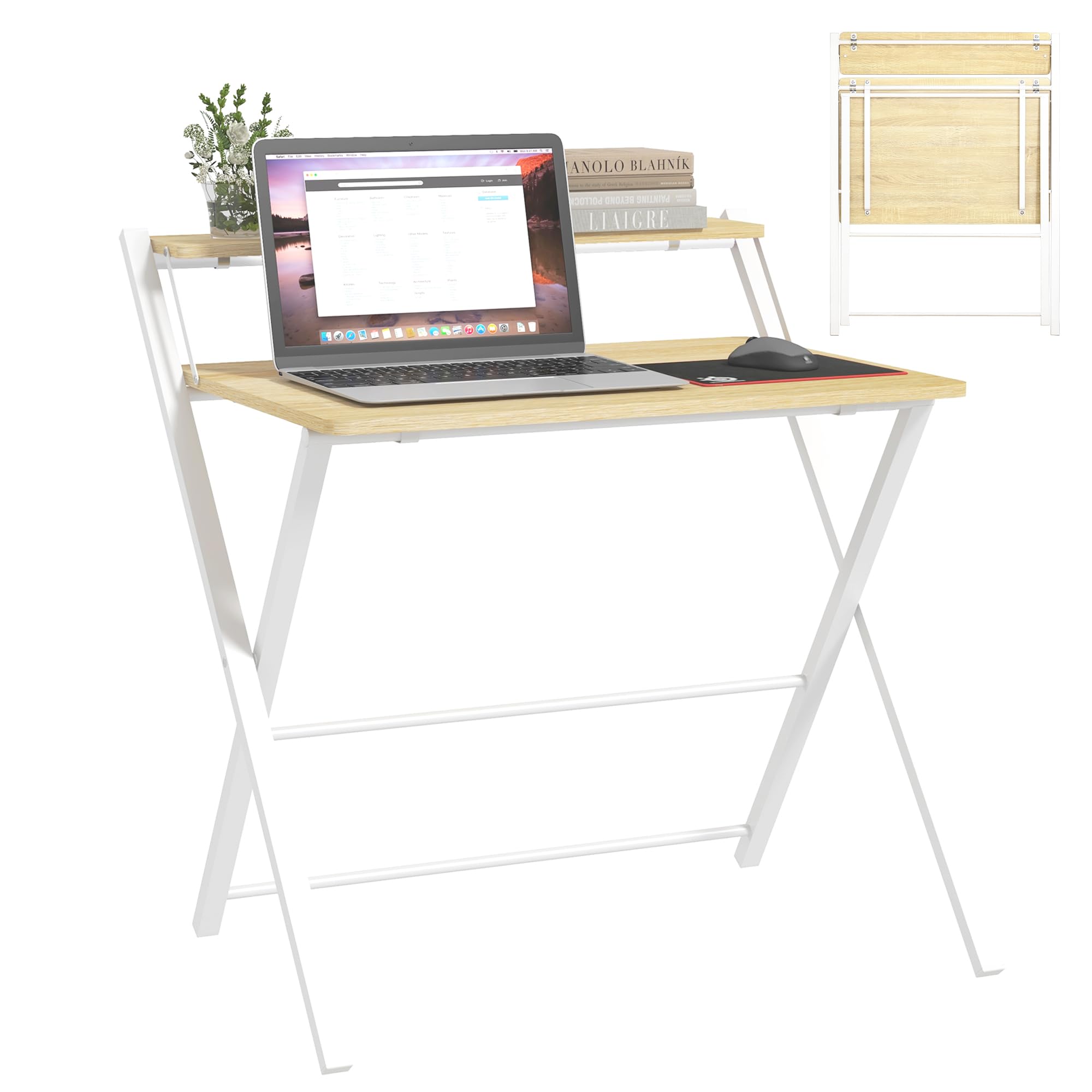 HOMCOM Mesa de Escritorio Plegable Moderno 81,5x70x84 cm Natural y Blanco