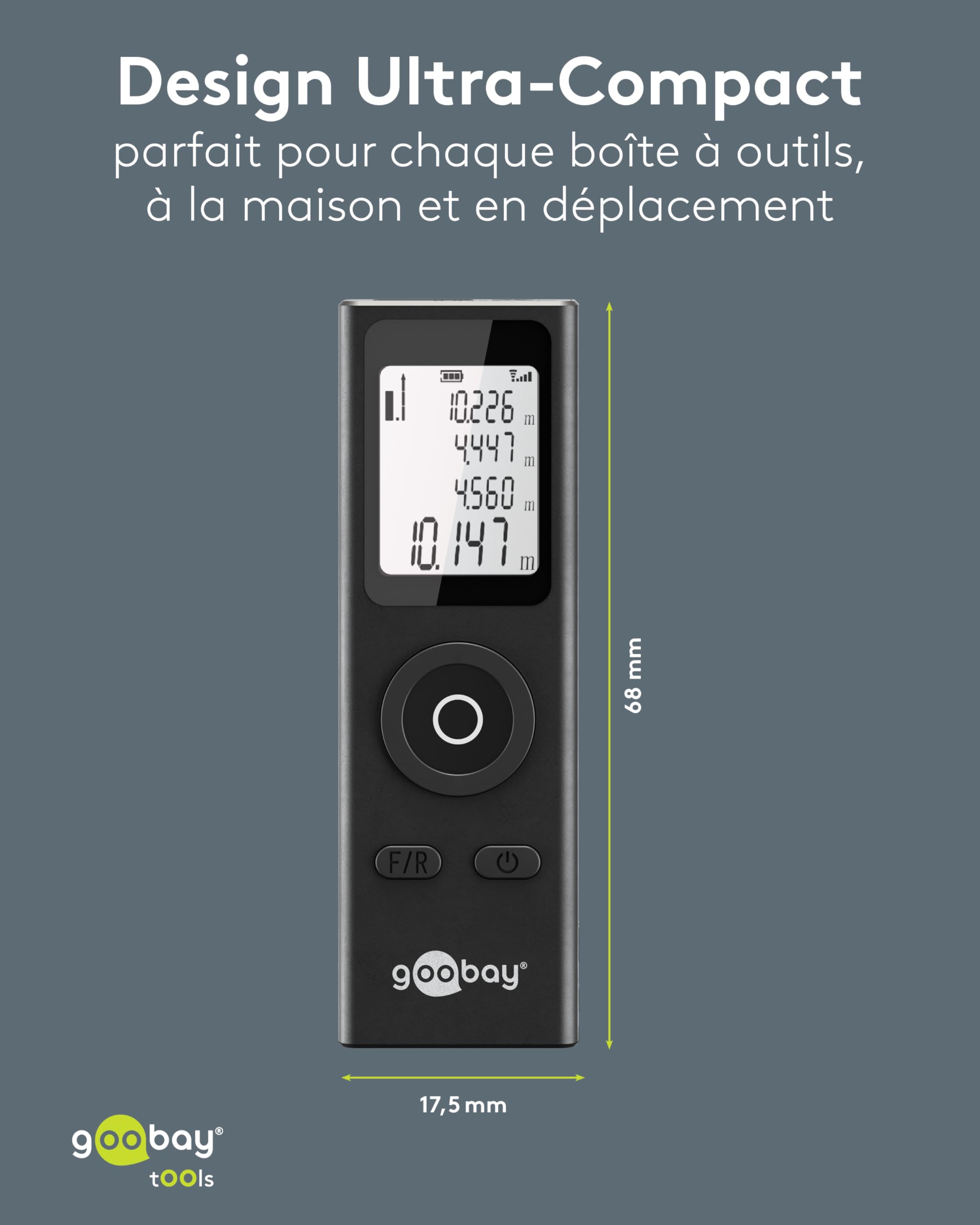 goobay Télémètre laser 30 m – appareil de mesure pour la mesure de longueur, de surface et de volume, réglable en pieds, mètres ou pouces - 77834