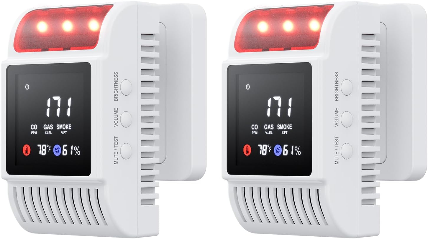 6 in 1 Carbon Monoxide Detectors & Smoke Detector, Natural Gas & Carbon Monoxide Detectors Plug in with Battery Backup, Fire & Smoke Alarm with Adjustable Sound Light Alarm Functions for Home/RV