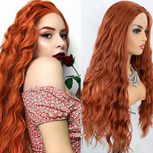 K'ryssma Fashion Copper Lace Front Wig for Women Glueless Long Wavy Auburn Synthetic Wig Heat Resistant 22 inches