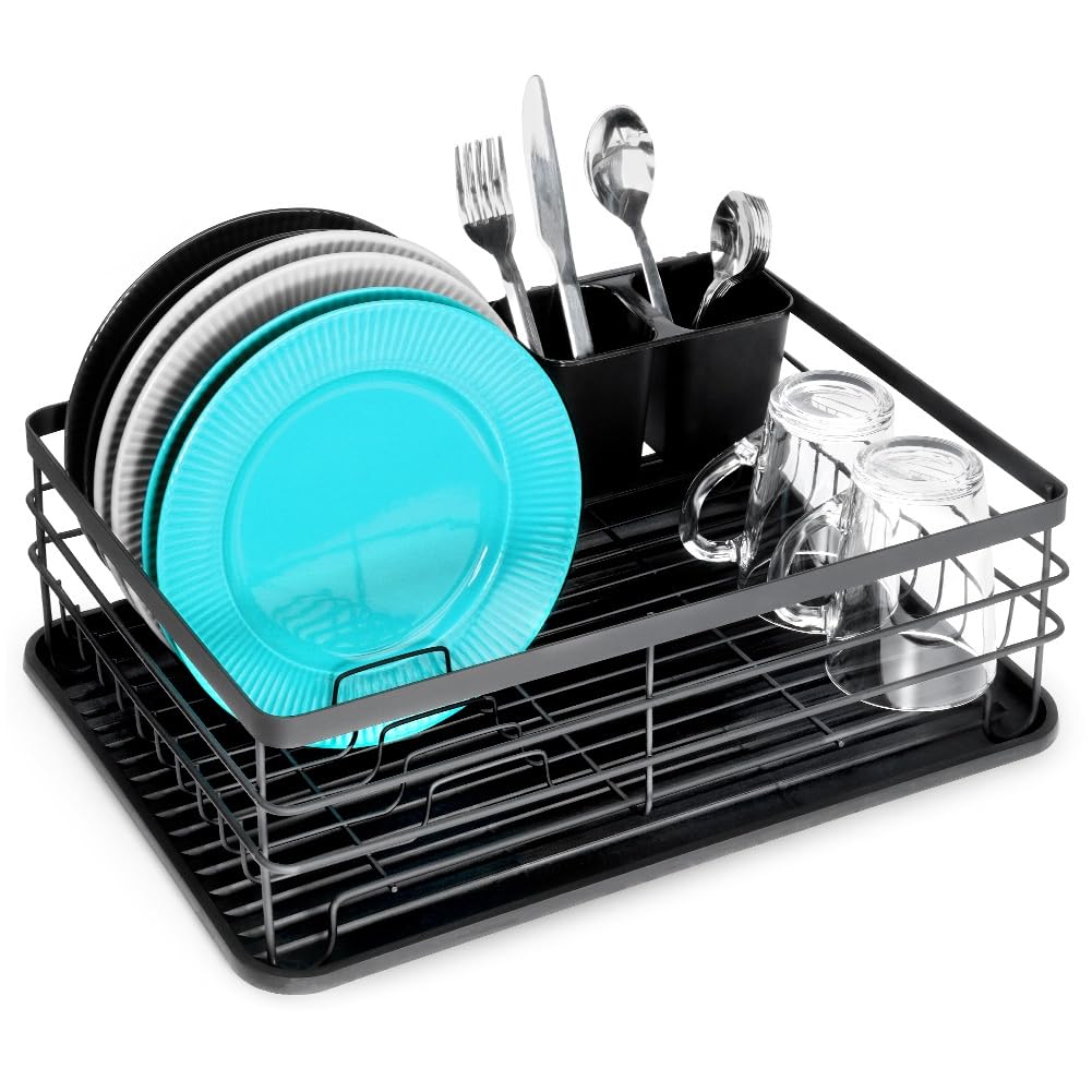 Vilde Escurridor de platos con soporte para cubiertos, de metal y plástico, 43 x 32 x 14,5 cm