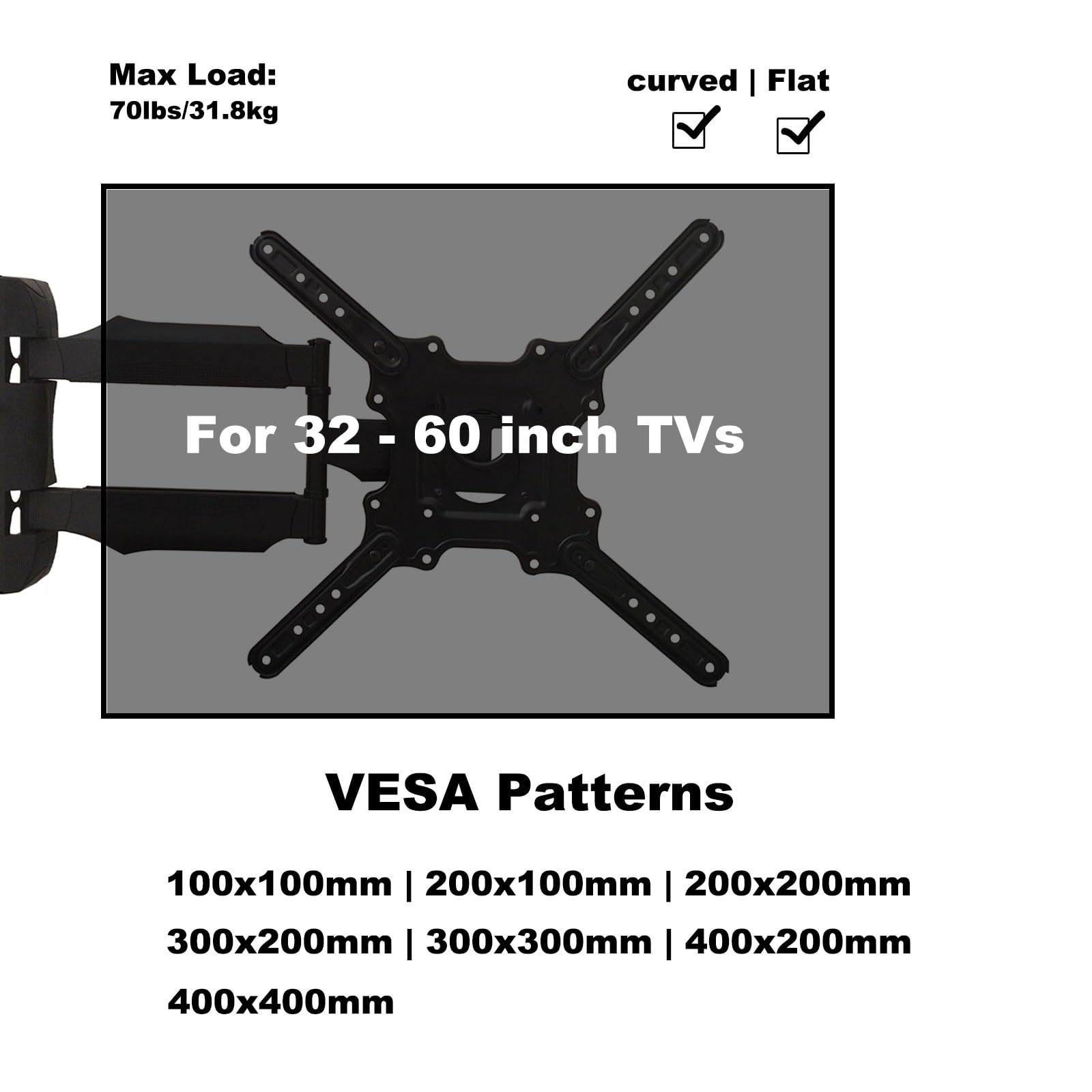 Supporto da parete per TV Full Motion, orientabile e inclinabile, per TV da 32" a 60" e schermi piatti, LED LCD fino a 31,8 kg, VESA da 100 x 100 mm a 400 x 400 mm, nero