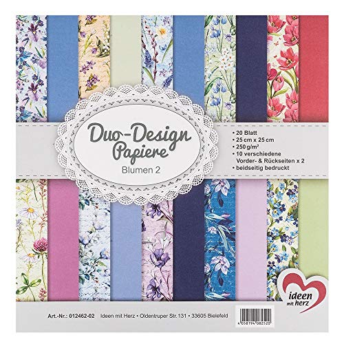 Ideen mit Herz Papiers décoratifs Duo-Design | Bloc de 20 Feuilles de Papier Craft | 25 x 25 cm | 250g/m² | imprimées Recto-Verso | Papier Dessin à Motifs | idéal pour Le Scrapbooking (Fleurs 02)