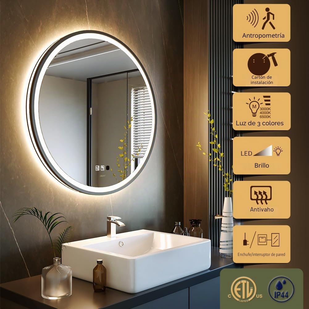 GANPE Espejo con Sensor LED, Redondo de inducción Corporal, iluminación Regulable, antivaho, IP44, Impermeable, montado en la Pared (Marco Redondo, 80 cm)