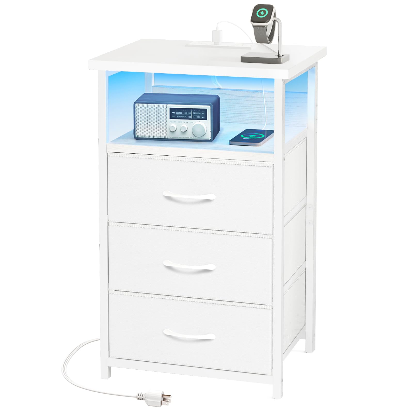 Fixwal White Nightstand with Charging Station, LED Night Stand with 3 Fabric Drawers and Open Shelf, Bedside End Table in Bedroom