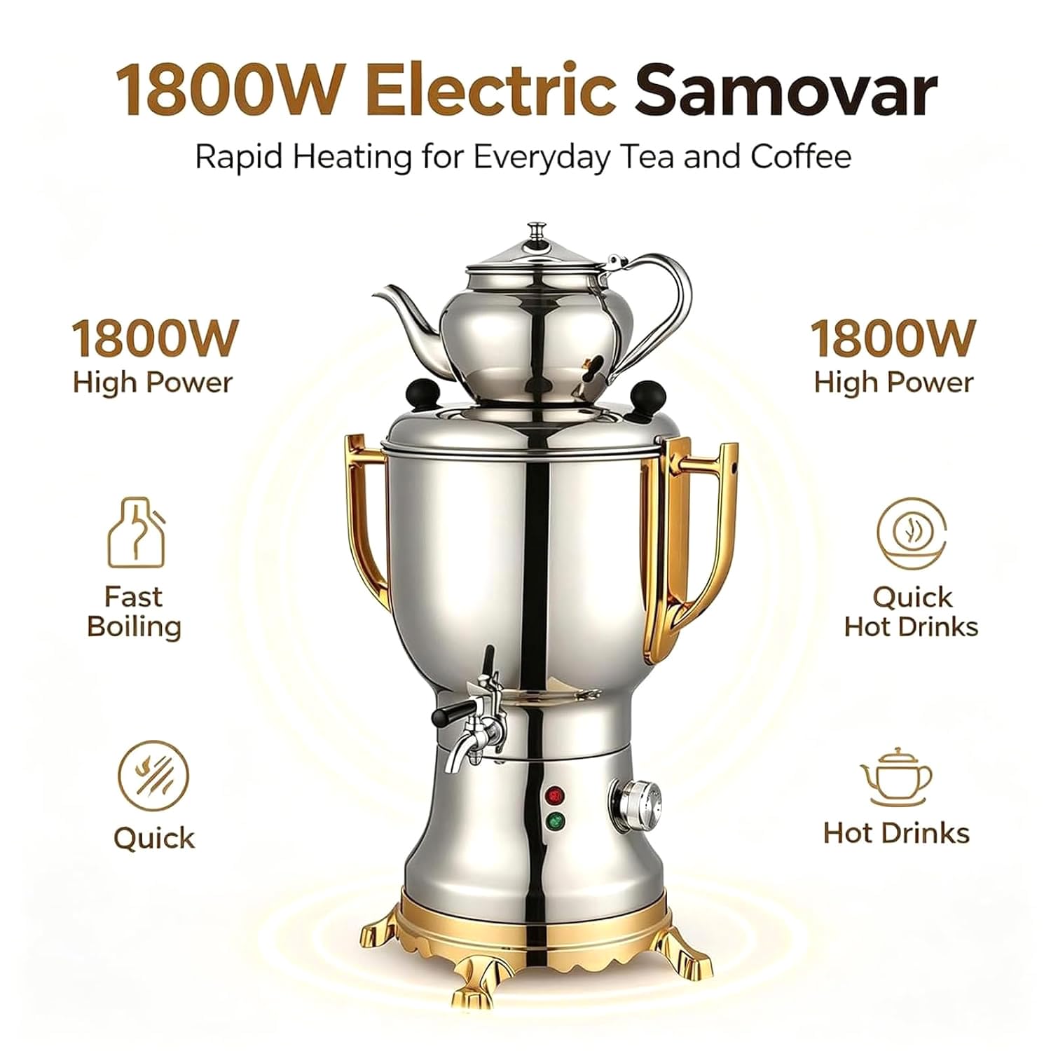 Samovar Elettrico Turco Da 1800 W Con Riscaldamento Rapido E Funzione Samovar, Completo Di Bollitore Da 4 Litri E Teiera Da 1 Litro, Set Da Tè In Acciaio Inox Con Sistema Anti-ebollizione A Secco