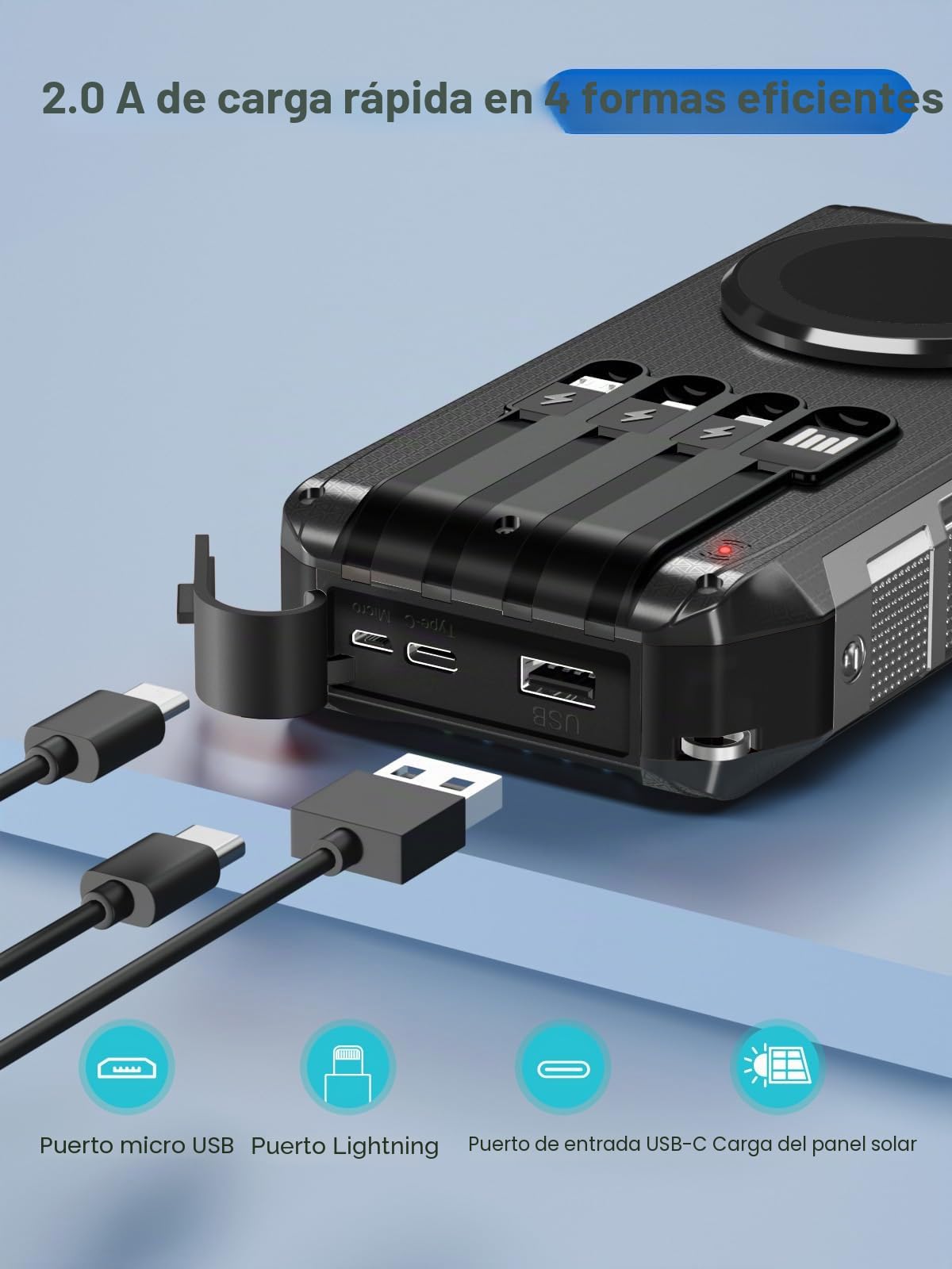 Banco de energía solar de 26800 mAh con 4 cables, magnético inalámbrico, carga rápida, 30 W, USB C, cargador portátil de 7 salidas, batería externa con linterna para camping al aire libre teléfono