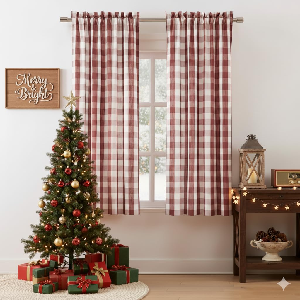 Bapawfish Red White Buffalo Plaid Semi Sheer Curtains 72 Inches Long