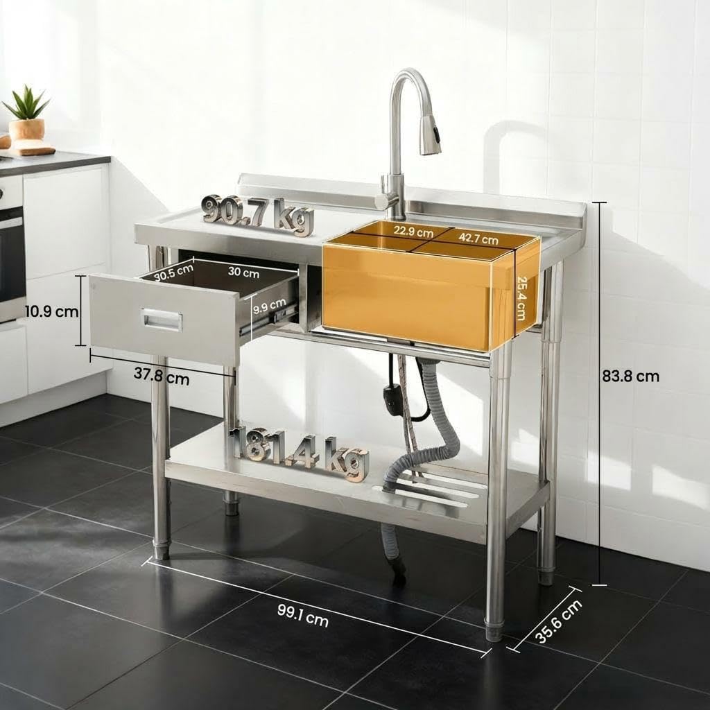 Küchenspüle Edelstahl Freistehend Mit Schublade & Arbeitstisch Waschbecken | Mit Ausziehbarer Armatur, Warm- & Kaltwasseranschluss, Outdoor Spüle Waschbecken Für Outdoor, Küche, Camping