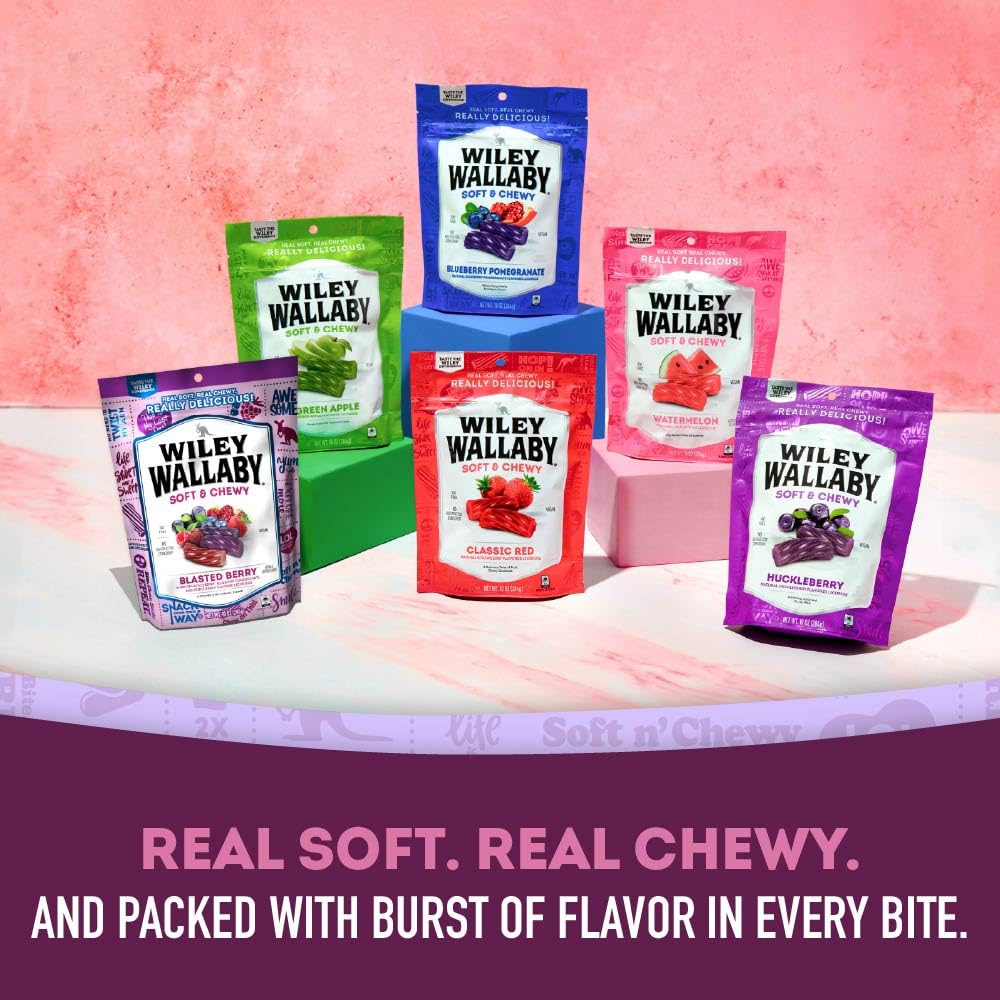 Wiley Wallaby Licorice 10 Ounce Variety Pack - Blueberry Pomegranate, Huckleberry, & Blasted Berry Gourmet Australian Style Soft & Chewy Licorice Candy, 3 Pack