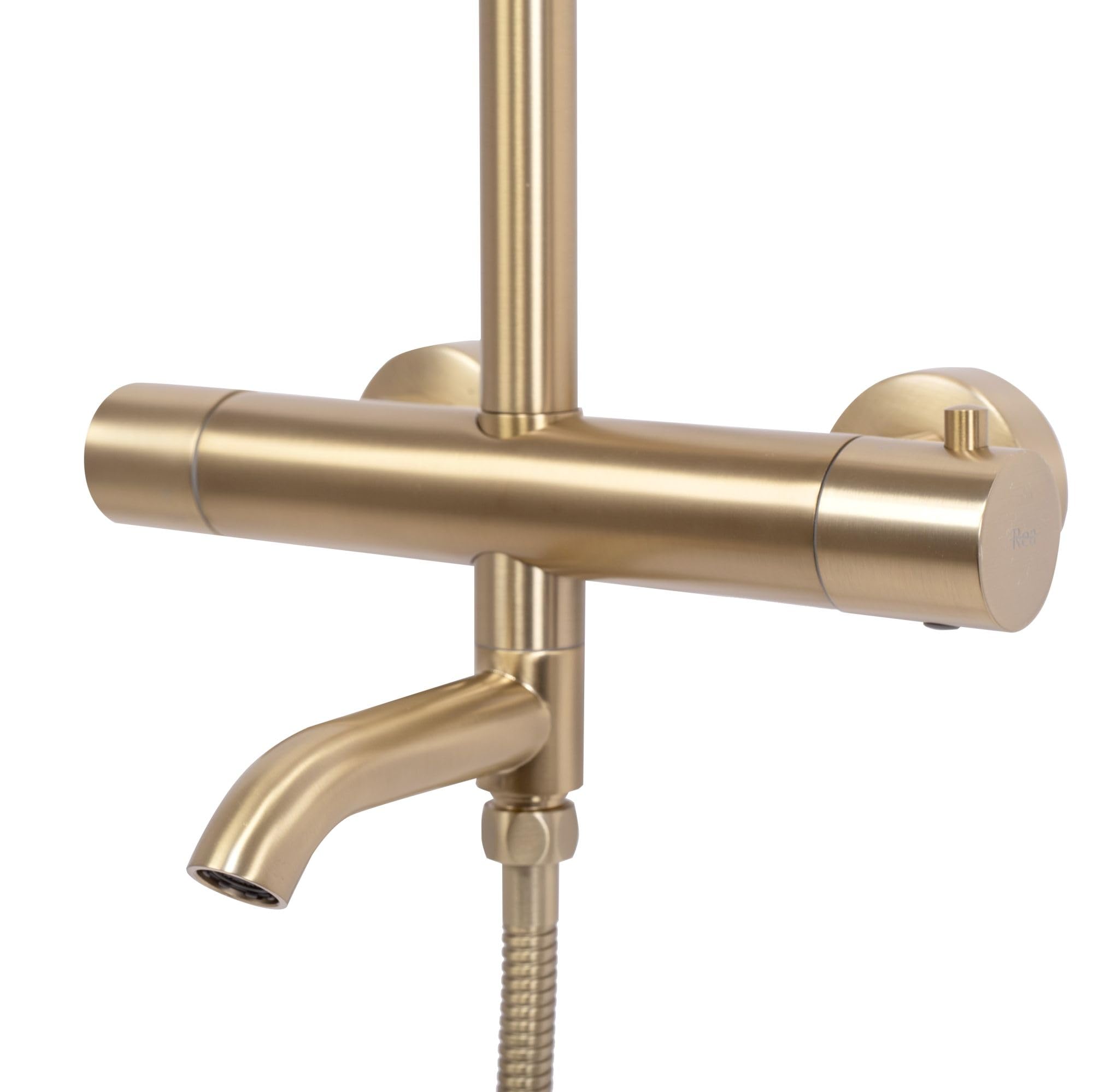 Rea - Colonna Doccia Con Termostato Lungo Gold Brush Sistema Doccia In Ottone Per Bagno (Oro) 45x26,5x117cm