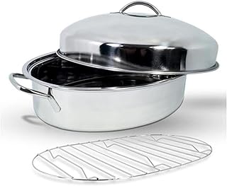 High Dome Chicken Roaster Stainless Steel Oval Roasting Pan with Lid and Rack Large Covered Turkey Roasting Pan, 3 Sizes, Silver (Regular)